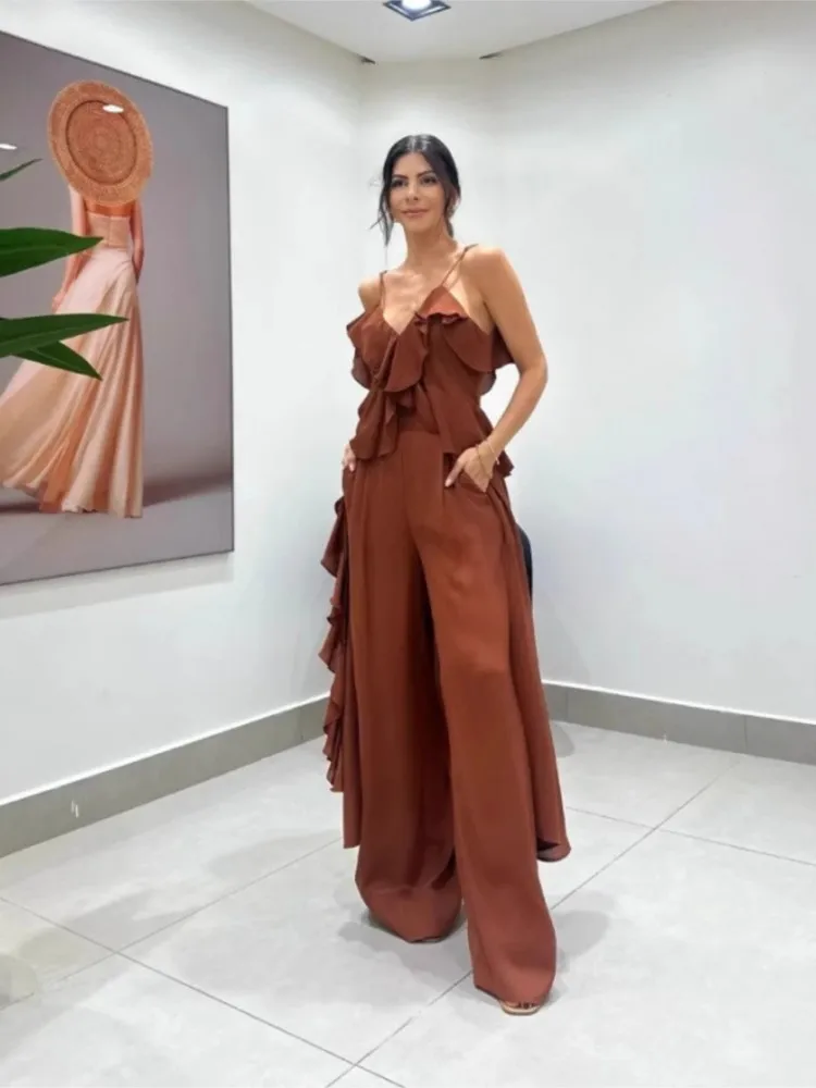 2025 Summer Solid Color Two Piece Set Women Chiffon V-neck Ruffle Edge Long Suspender Tops Trousers 2 Piece Sets Female Fashion