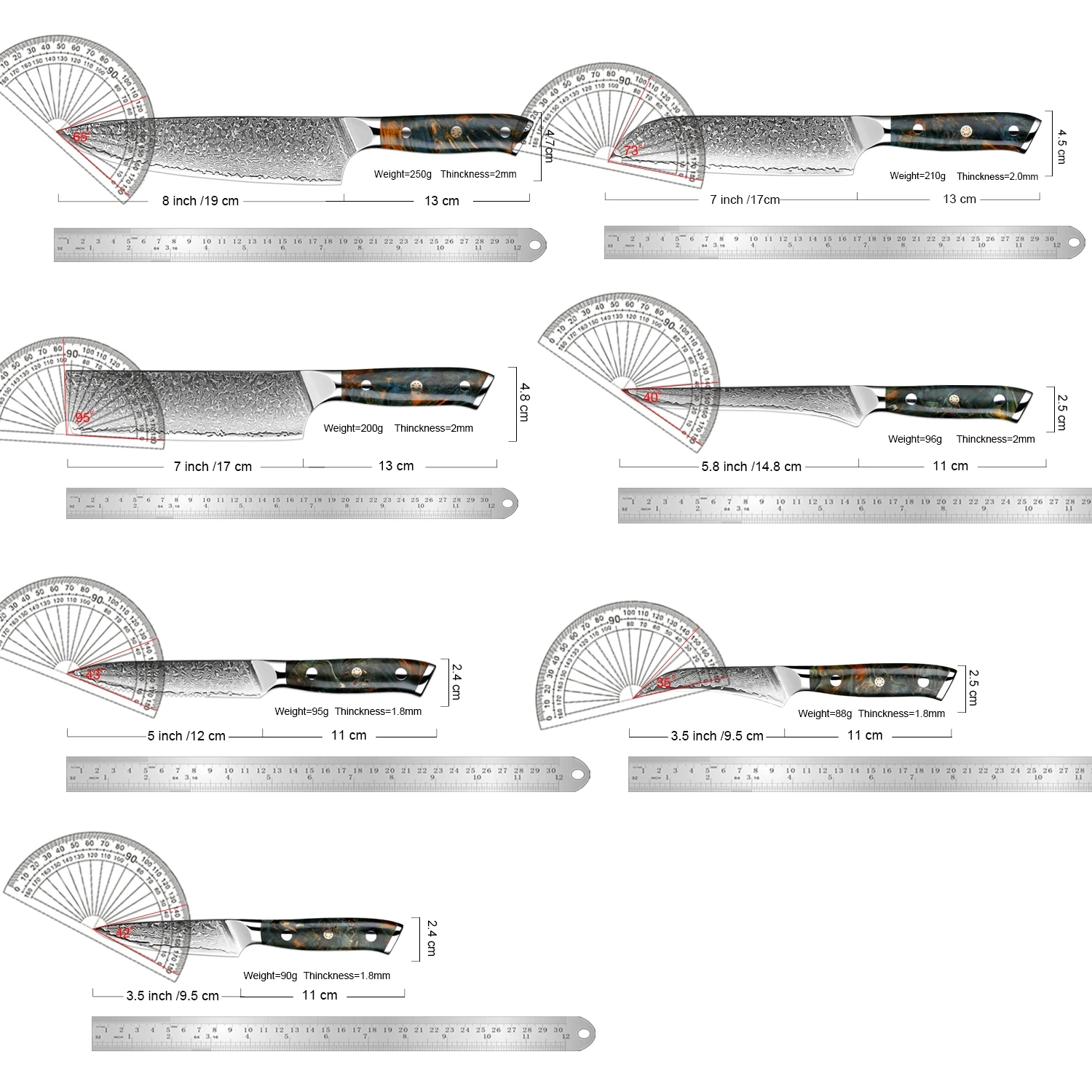 Damascus Steel Chef Knife Set 1-7Pcs Chef Knife Sharp Kitchen Knives Professional Cooking Knife Santoku Boning & Utility Knives