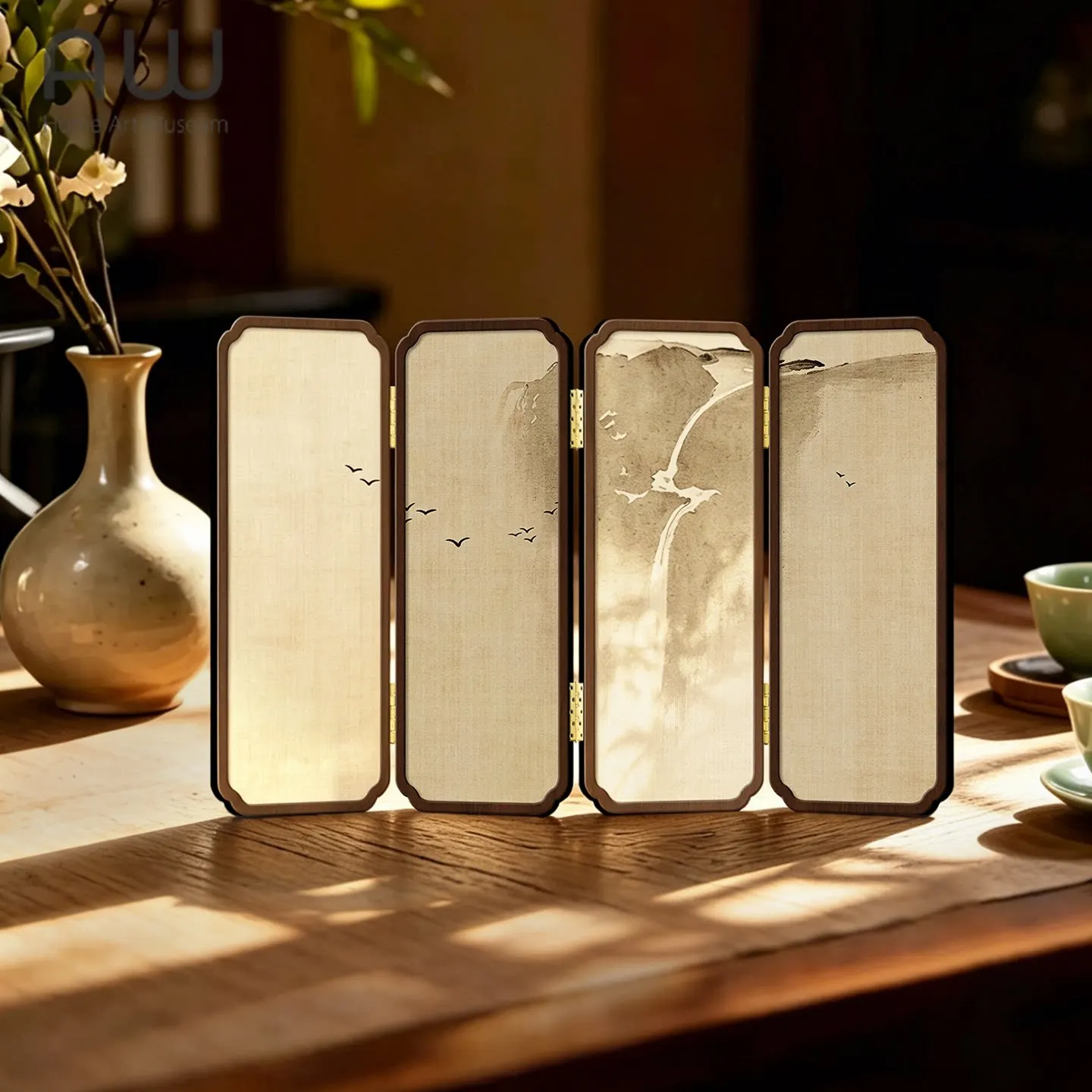 4-Panel Creative Desktop Screen, New Chinese Style Zen Mini Ornament for Tea Table, Oriental Decor