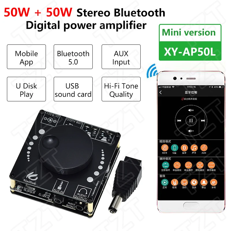 Sinilink 40W/50W Stereo Bluetooth 5.0 Power Amplifier Board WIFI Mobile Control APP 12V/24V High Power Digital Amplifier Module