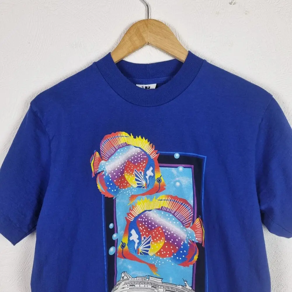 Vintage Royal Caribbean T Shirt Mens Medium Blue SingleFish Graphic 90s