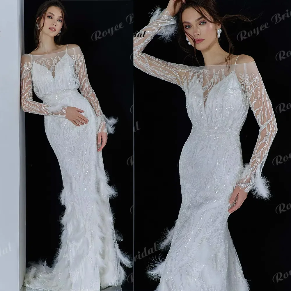 2027 Mermaid Wedding Dress Illusion Boat Neck Long Beaded Sleeves Ostrich Feather Decoration Vestido De Novia Customized
