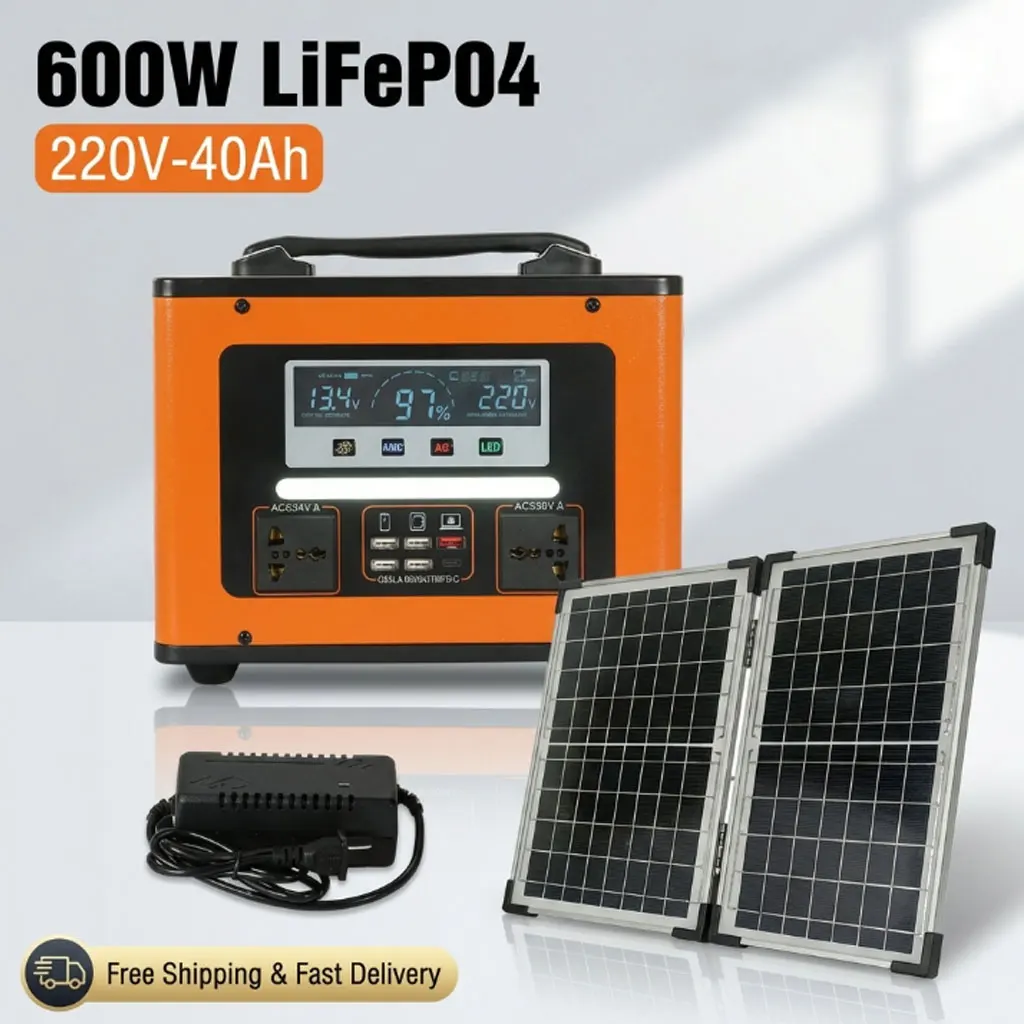 

Outdoor Solar Generator 220V 600W 40Ah, Portable Charging Station Lithium Battery Fast Charging AC DC LED Flashlight