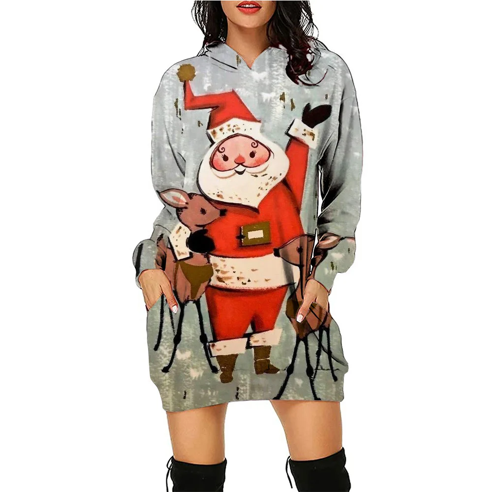 Christmas Cartoon Snowman Print Unisex Hoodie Autumn Fashion Street Women Sweatshirt Casual Loose Ladies Hoodie Dress ﻿