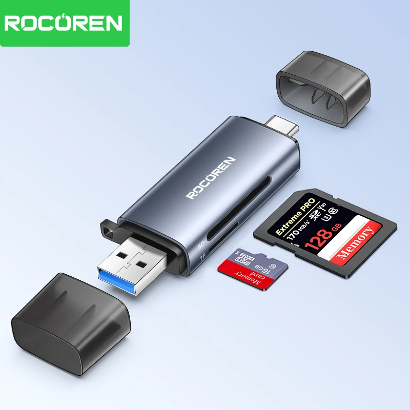 Rocoren USB 3.0 5Gbps 2 in 1 USB A USB C Combined Design Card Reader SD/TF Cards 2TB Smart Cardreader for Laptop Accessories