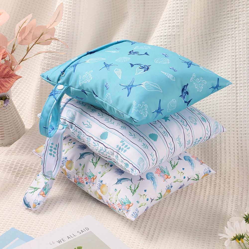 2pcs Reusable Cloth Diaper Bag Small Size Smooth Zipper Ocean Pattern Wet Bag Multi-Scenario Use Hanging Pocket for Travel - view 6