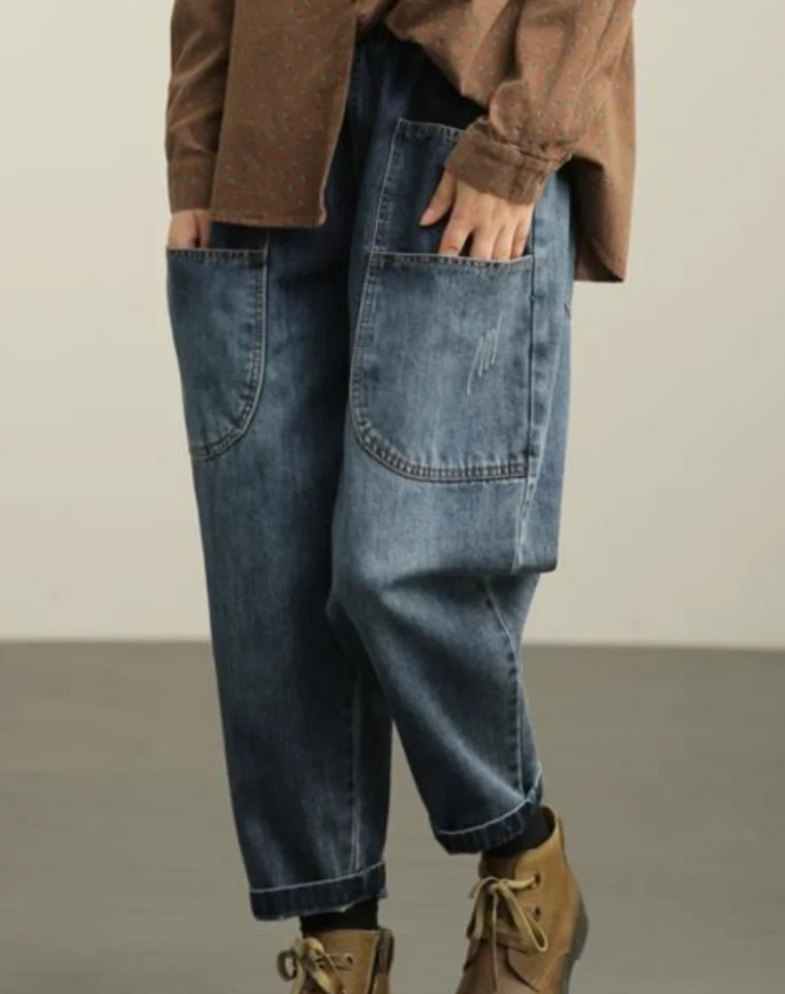 

Women Loose Denim Tight Harem Pants 2026Summer Female Fashion Big Pocket BF Wind Elastic High Waist Ankle Jeans Female Trend