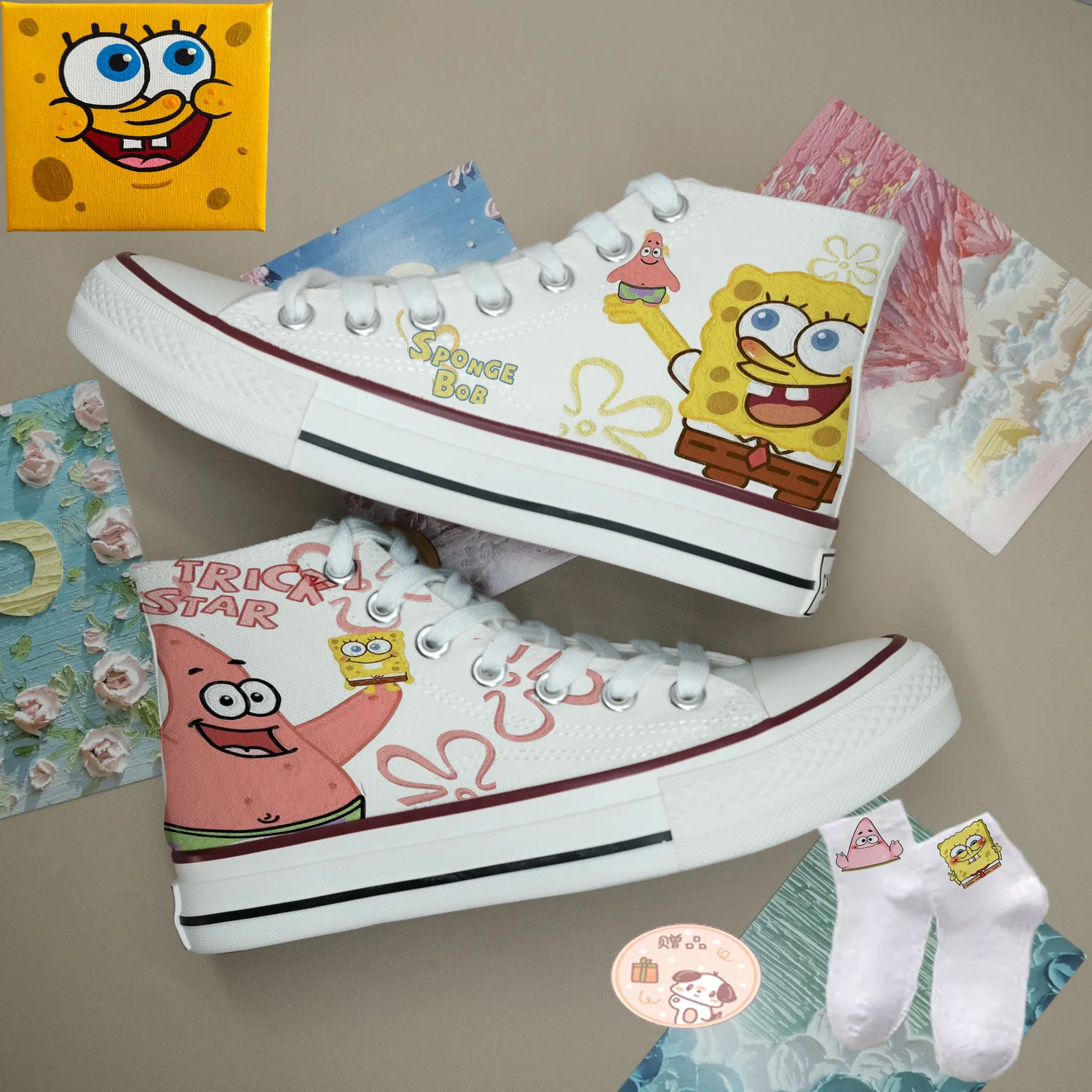 SpongeBob SquarePants Hand Painted High Top Canvas For Women Autumn New Korean Versatile Student Board plus size women man shoes