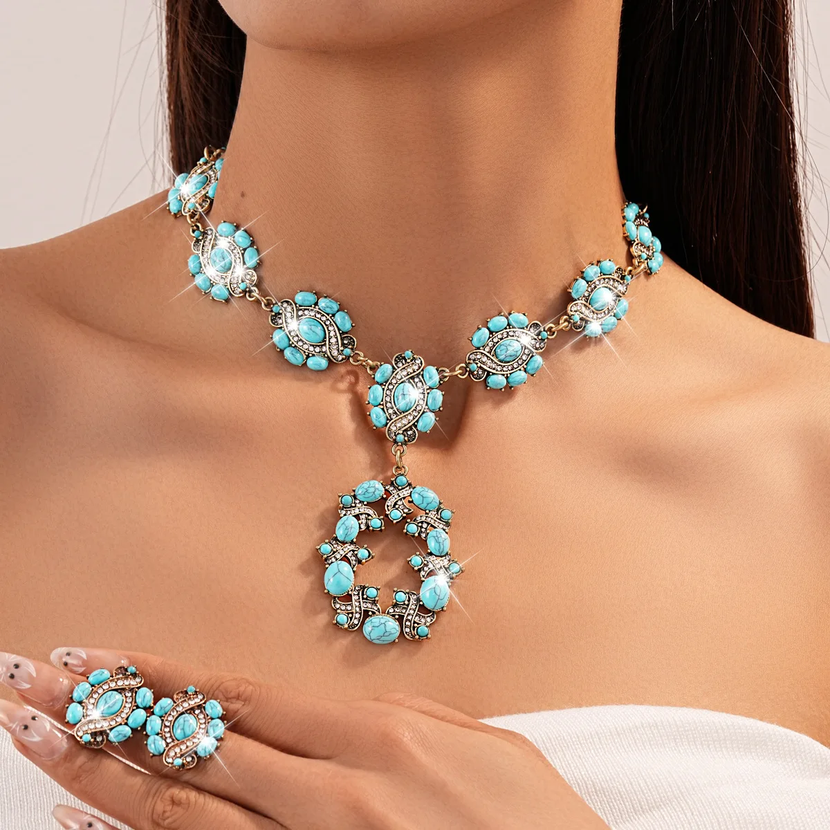 Diamond-set oval stud earrings necklace set medieval vintage jewelry niche light luxury high-end cross-border jewelry women