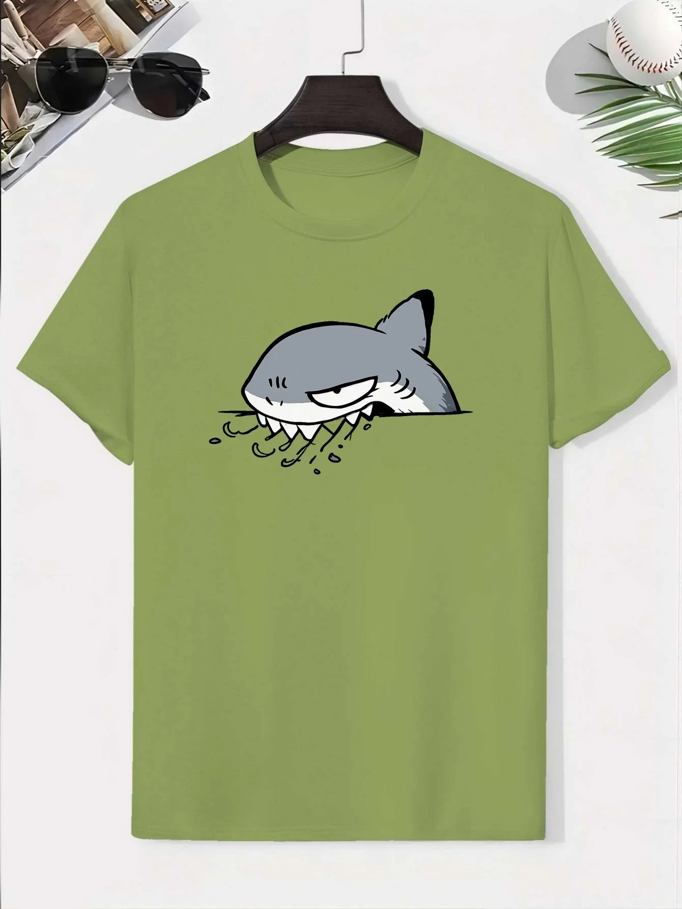 Cartoon Shark Gray Fang Watermark Pure Cotton Boy's T-shirt Creative Parent-child T-shirt Lightweight Comfortable Short Sleeved