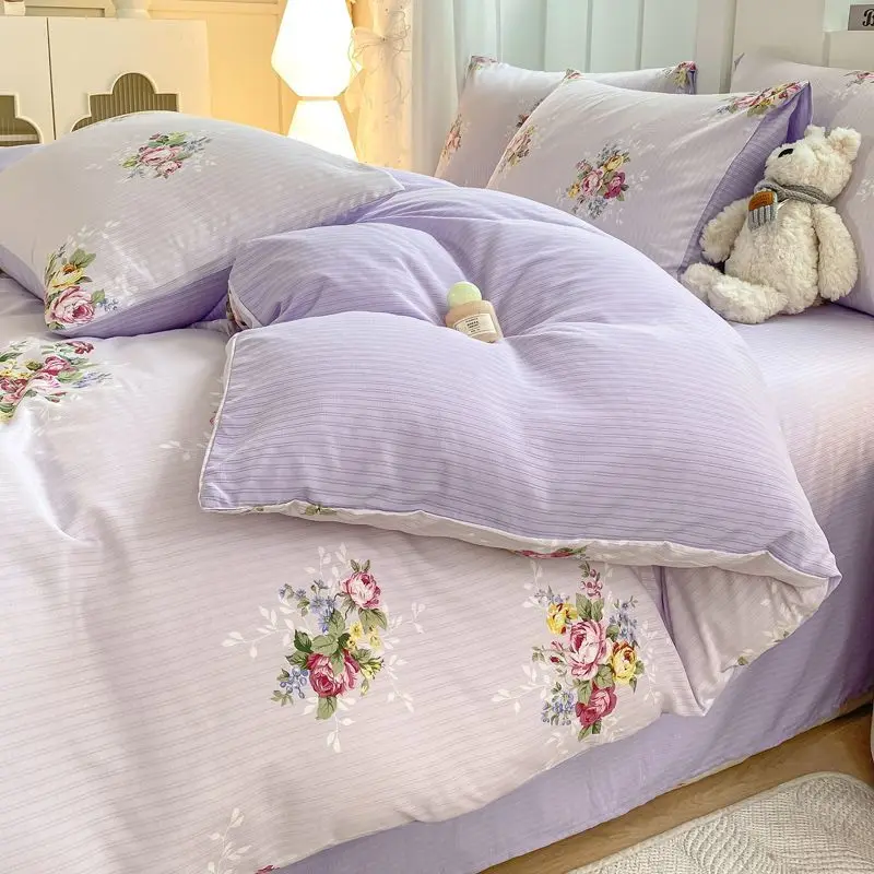 Galsang Flowers 4Pc Bedding Set - Skin-Friendly Double-Layer Yarn Sheets + Duvet, Instagram Style, Dorm/Home