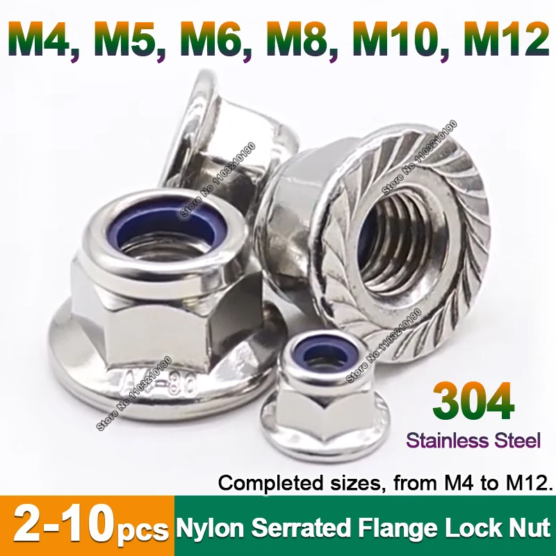 2-10Pcs 304 Stainless Steel Serrated Flange Nylock Nut M4 M5 M6 M8 M10 M12 Serrated Spinlock Nylon Insert Self-locking Locknut