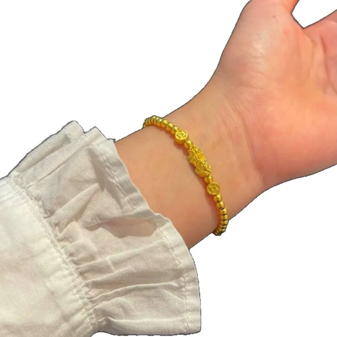 سوار نسائي من الذهب عيار 24 قيراط |   قابض Pixiu ثلاثي الأبعاد مزدوج - عملات معدنية، سحابة - سلسلة منقوشة، ذهبي صلب، جريئة وعين - اصطياد