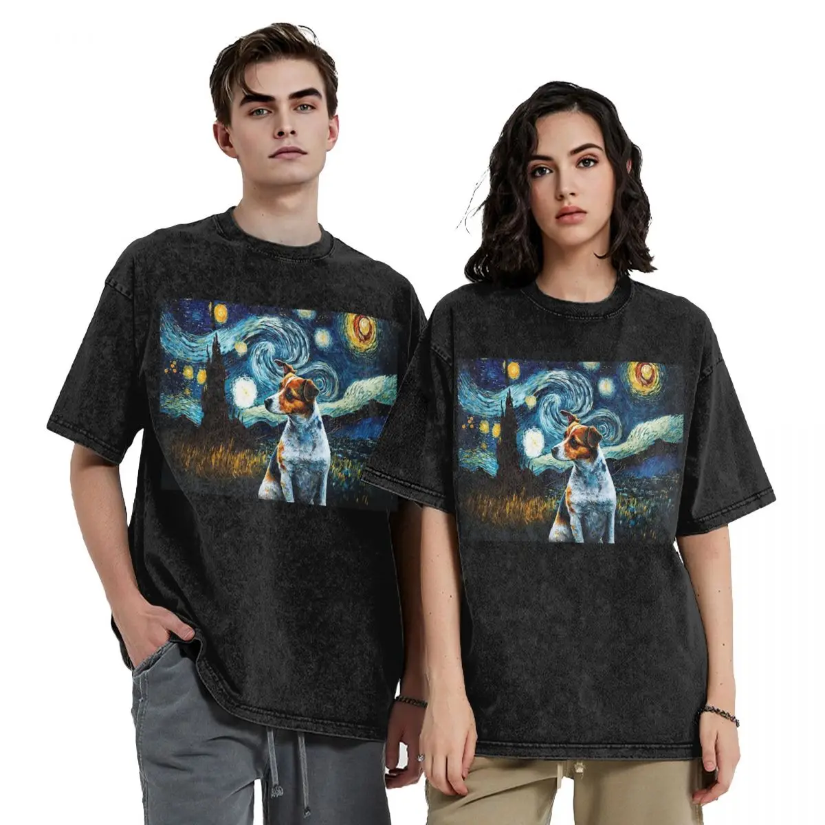 Dog Jack Russell Terrier Pop Art Washed T Shirts Harajuku Short Sleeve Hip Hop T-Shirt Streetwear Tops Tees for Men Women