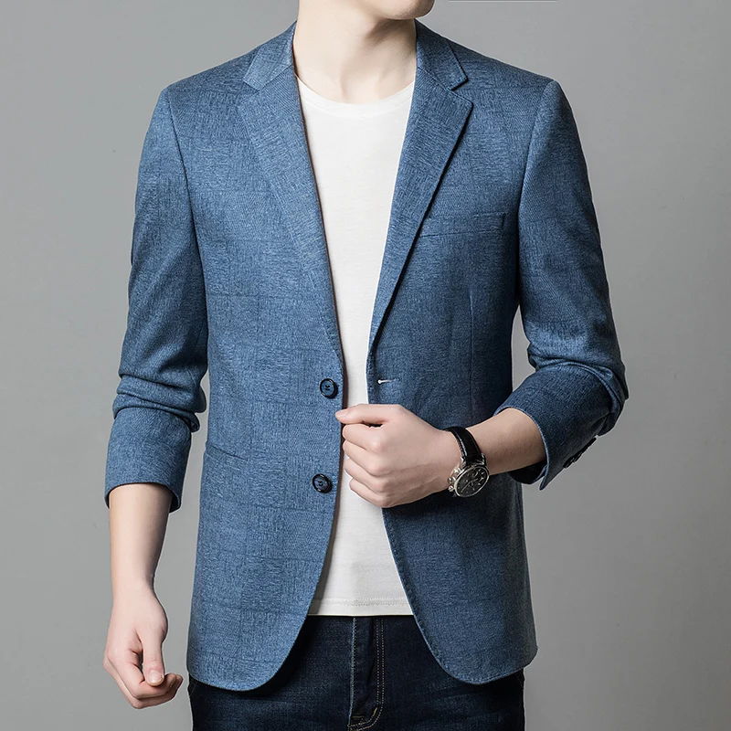 

Korean Style Men Blue Gray Slim Fit Blazers Dark Checkered Pattern Knitted Fabric Suit Coat Male Leisure Outfits Spring Autumn