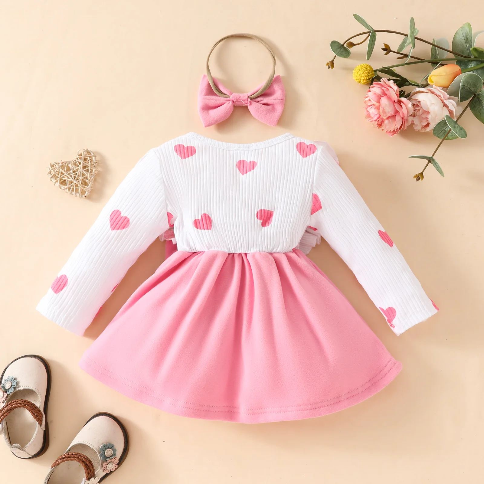 2024 New Autumn Baby Girl Outfits Heart Print Bodysuit Ruffle Long Sleeve Bow Dress with Bow Headwear 2Pcs