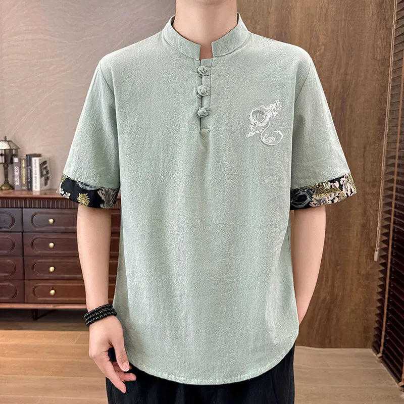Men's Bohemian Style Dragon Embroidery Shirt Linen-Cotton Blend Summer Casual Short Sleeve Button-Up Lightweight Breathable Top