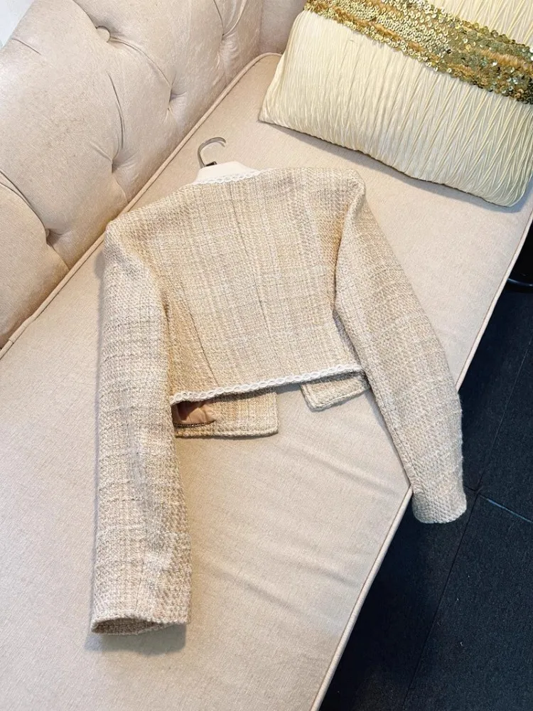 Office Ladies Elegant Tweed Jacket Designer Fashion Flower Long Sleeve Spring Autumn Outerwear O-Neck Slim Fit Women Short Coat