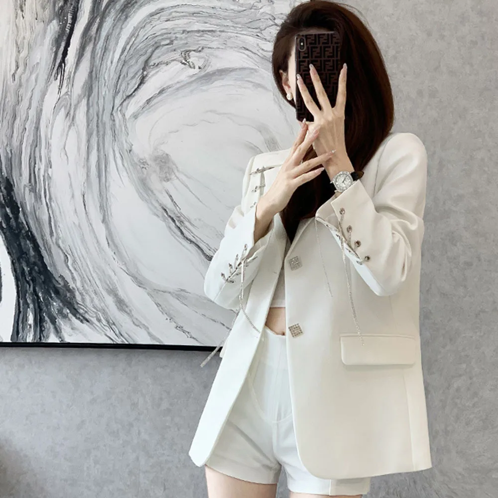 Spring Fashion Blazer Woman Diamonds Button Vintage Autumn Women\'s Suit Jacket Korean Pin Casual Coat Ladies Chic Suit Outerwear