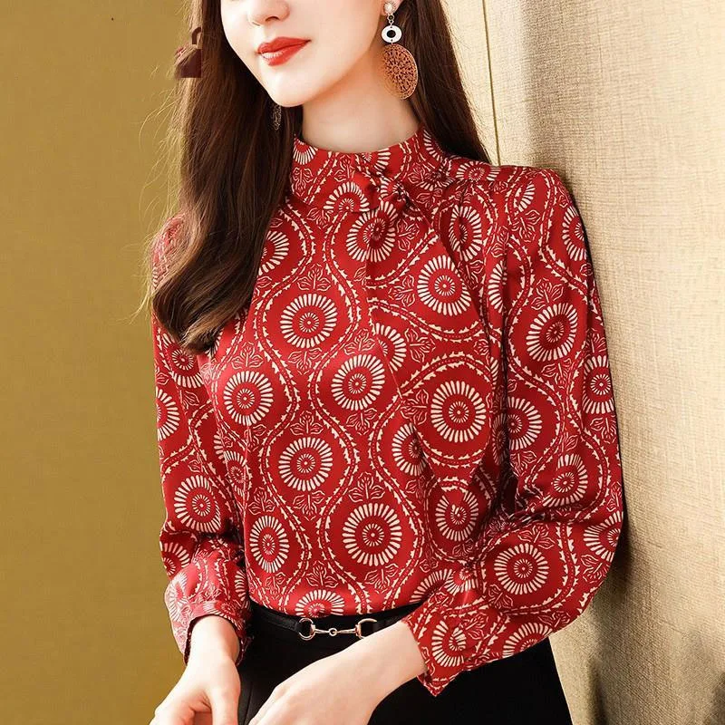 

New Spring and Autumn Fashion Simulation Silk Ribbon Ribbon Standing Neck Fragmented Blouse Shirt Versatile Western Style Top