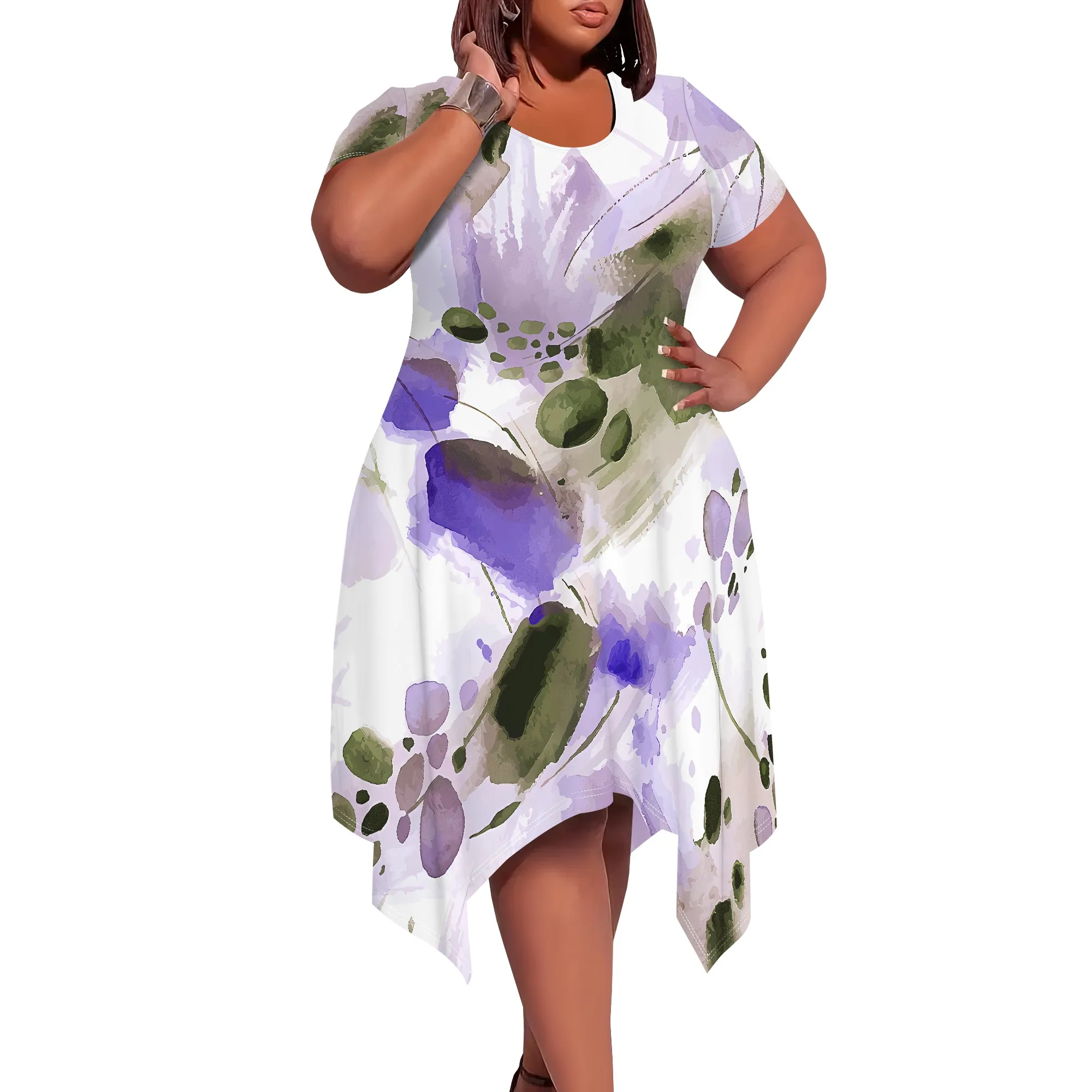 Plus Size Women's Summer Fashion Printed Short-Sleeved Round Neck  for Women Loose Casual Midi Dress With Pocket