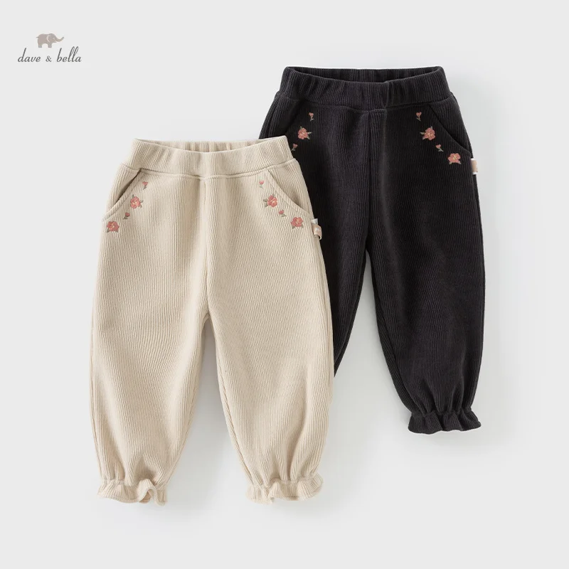 Dave Bella Girls Baby Trousers 2024 New Autumn Winter Comfortable Casual Cute Floral Children's knitted Pants Warm DB4242658