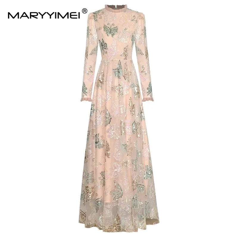 MARYYIMEI Spring Women\'s Luxury Gorgeous Party dress Long sleeved Butterfly Sequin Beading Elegant Maxi Long Ball Gown Dresses