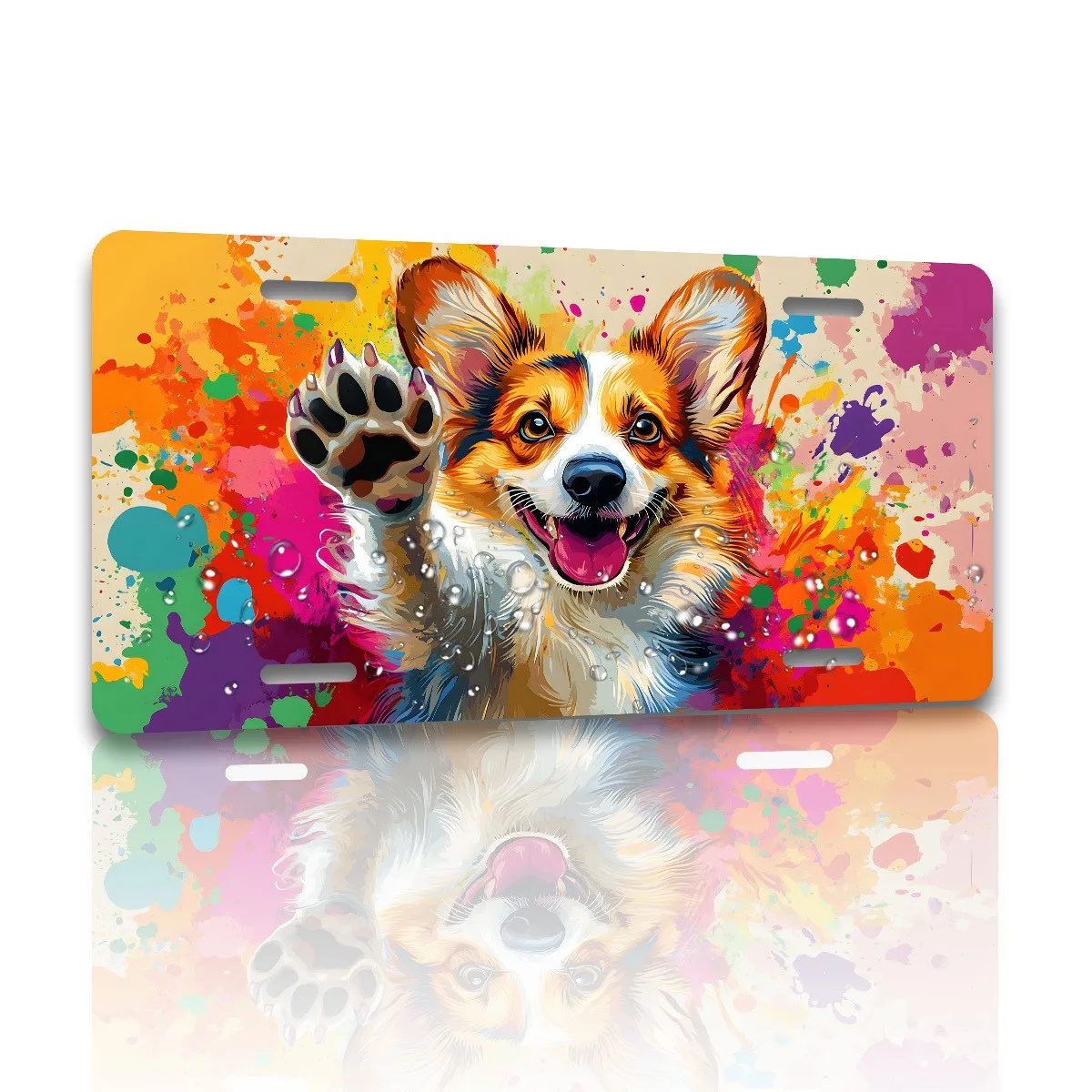 Corgi Paw Print License Plate Cover Watercolor Splatter Design Novelty Metal Car Tag for Pet Lovers