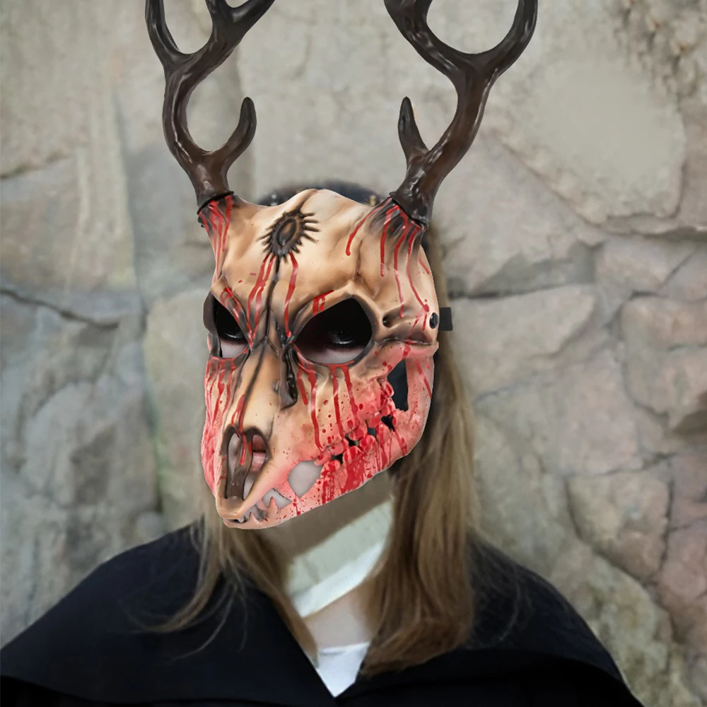 

Halloween Horror Antler Mask Costume Role Play Reindeer Cosplay Deer Head Mask Masquerade Club Full Face Mask Party Carnivals