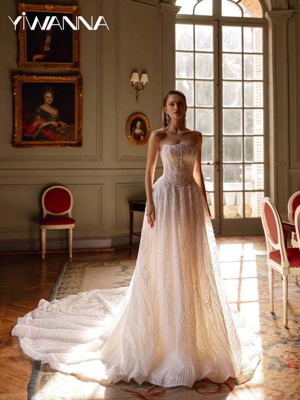 

Luxury Beaded Pearls A-line Long Wedding Dress Dreamy Strapless Sleeveless Bridal Gown Customized Stunning Dresses For Bride