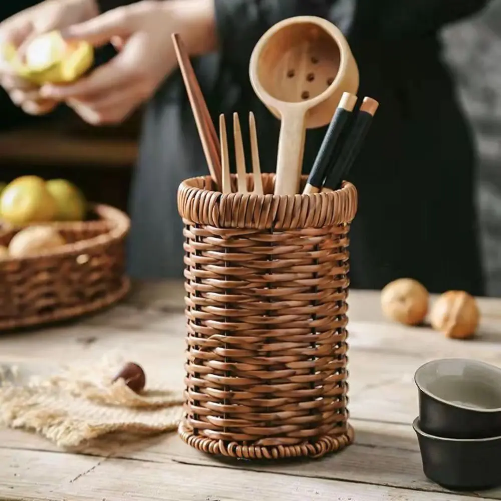 Imitation Rattan Chopstick Barrel Portable Large-capacity Durable Chopstick Holder Multifunctional Woven Round Chopsticks Tube