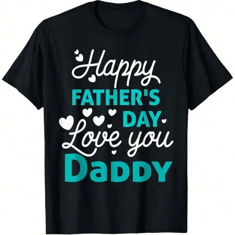 Men'S Happy Father'S Day T-Shirt | Turquoise & White Daddy Love You Print, Black Retro Round Neck, Casual Gift For Dad, White &