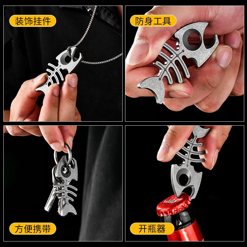 Multifunctional Titanium Alloy Fish Bone Bottle Opener, Portable EDC Keychain Pendant, Mini Outdoor Survival Multi Tool - view 5