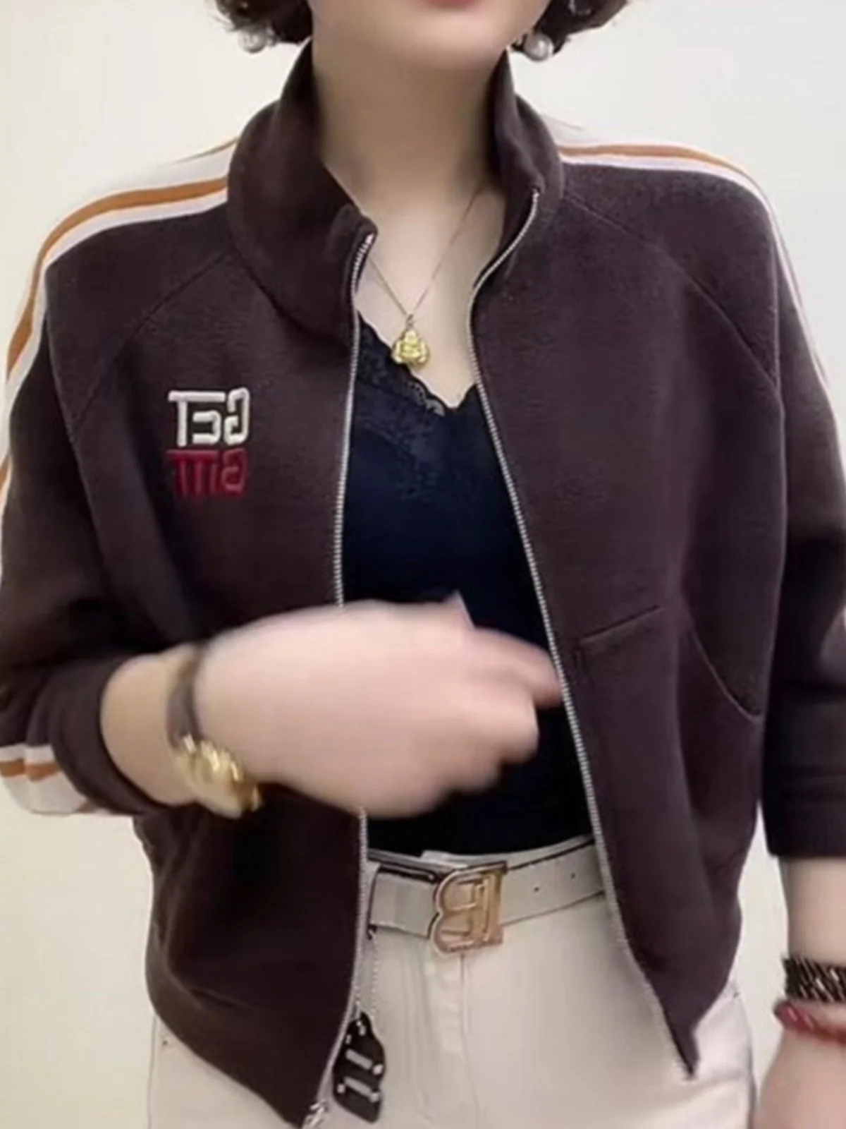 Ele Wine Red Stand Collar ort Baseball Jaet Women's Spring Autumn Large Size Faionable European Sle Top