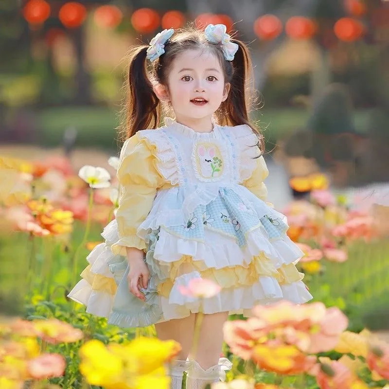 Baby Girl Velvet Yellow Lace Lolita Princess Dress Infant Toddler Children Vintage Layer Tulle Vestido Christmas Baby Clothes