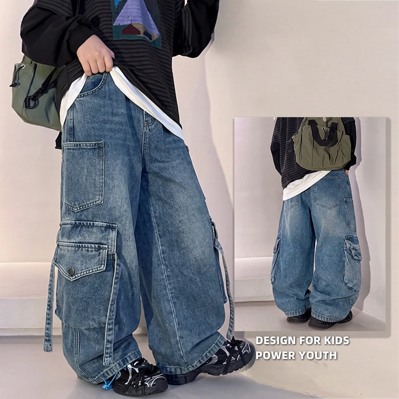 High Quality Kids Children Straight Leg Cargo Jeans Trousers For Tweens Boy Spring Autumn Streetwear Style Blue Denim Pants 5-14