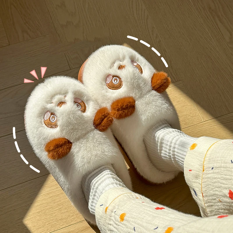 Cute Cartoon Panda Slippers Women 2024 Winter Warm Plush House Slippers Woman Comfortable Soft Sole Non Slip Indoor Home Slides