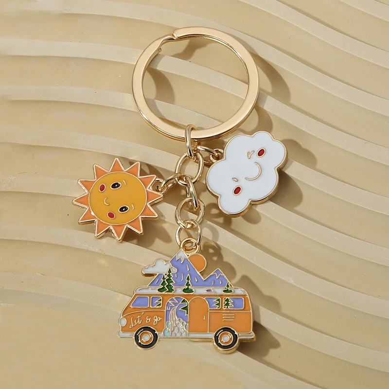 Popular Outdoor Camping Keychain Camping Bus Keychain Enamel Sun White Cloud Souvenir Holiday Travel Keychain Car Bag Pendant