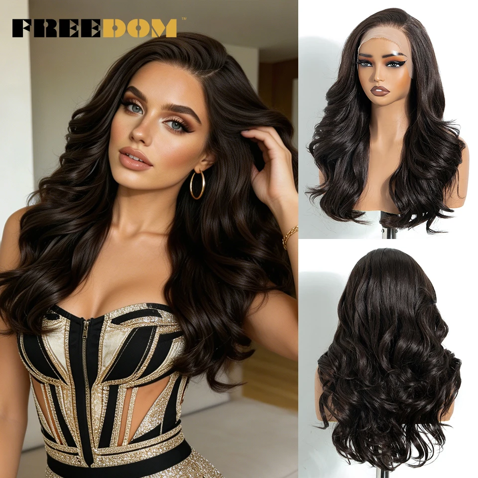 FREEDOM 13x4, synthetische Perücken mit freiem Scheitel und Spitze vorne für Damen, gewellte Perücke mit Spitze, 50 cm, Ombré-Braun mit Highlights, für den täglichen Gebrauch und für Partys. – Detail 2