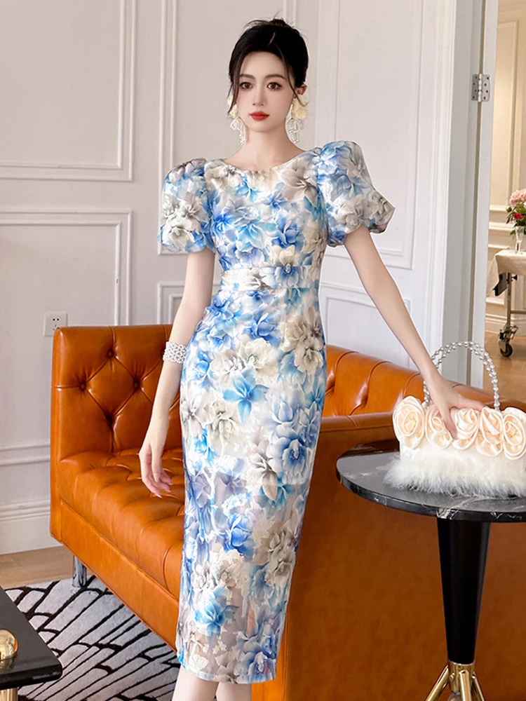 الصيف أنيقة المرأة مساء اللباس الرجعية شير مثير نفخة الأكمام ضئيلة فساتين متوسطة الطول حزب ثوب عطلة Mujer رداء فام Vestidos #2