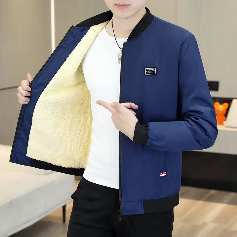 

2025 Мужская осенняя флисовая куртка, повседневная уличная стильная однотонная теплая куртка с шерстяной подкладкой, американская куртка-пилот с бейсбольным воротником