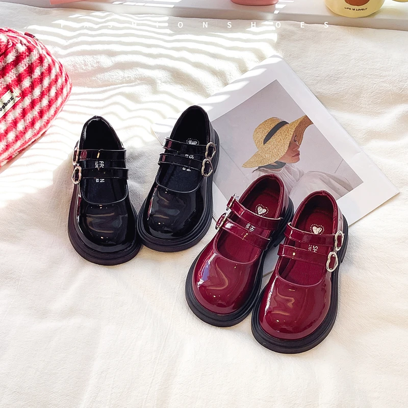 New Girls Princess Mary Jane Shoes Spring Autumn Kids Fashion Leather Shoes Wine Red Sweet Children Causal School Catwalk Shoes