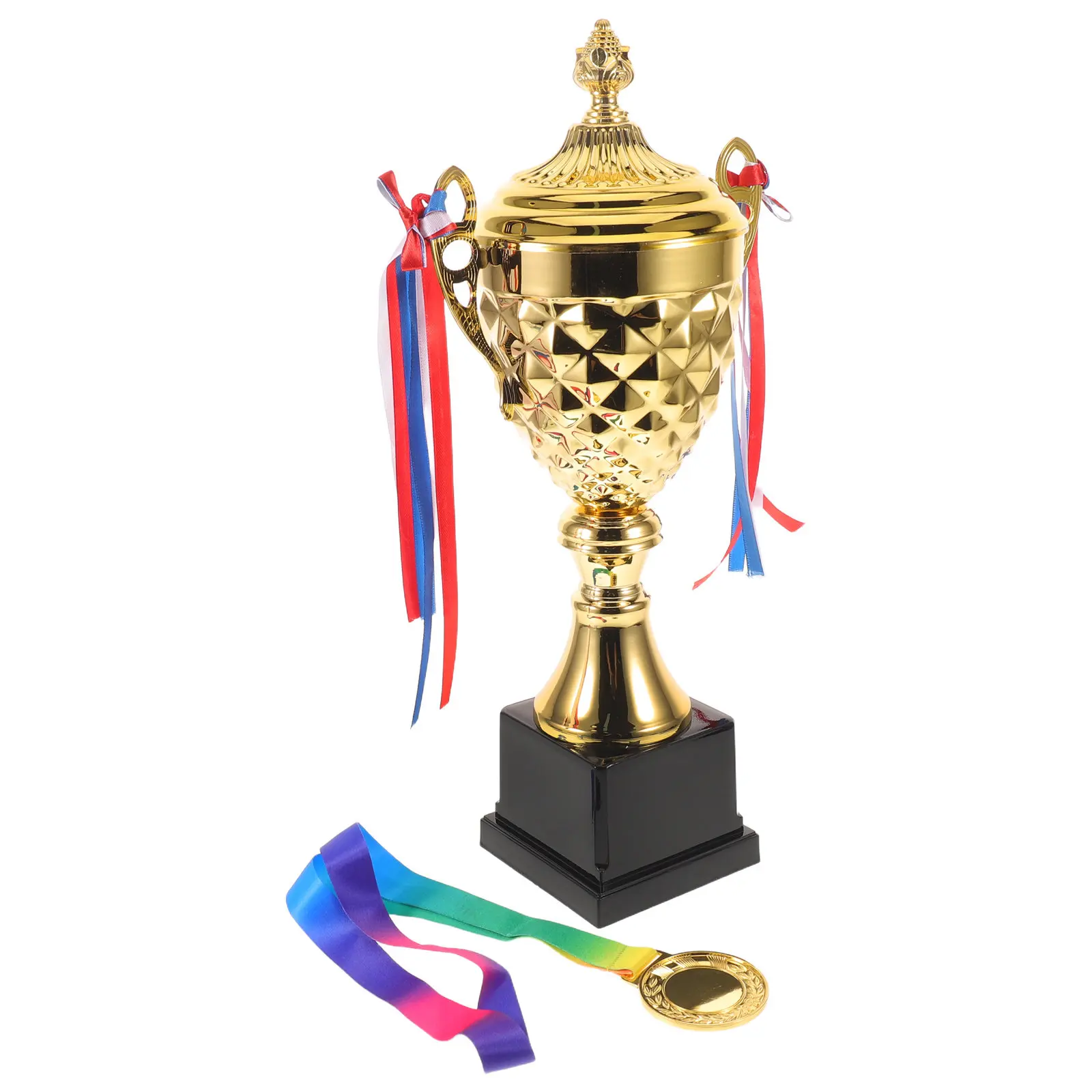 1Set Gold Trophy Award Medal Combo Sports Event Trophy Cup 16.5 Inch Championship Medal Ribbon Athletic Competition Award