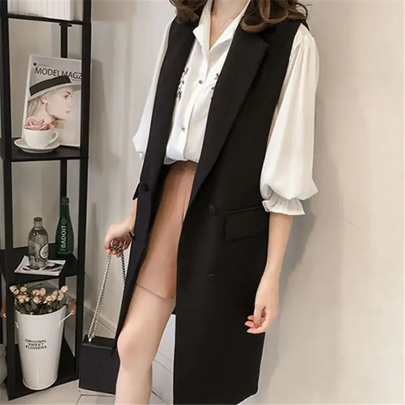 Elegant Office Ladies Tops Casual Long Vest Female  Waistcoat Women Clothes 4Xl Long Sleeveless Blazer Vest Women L216