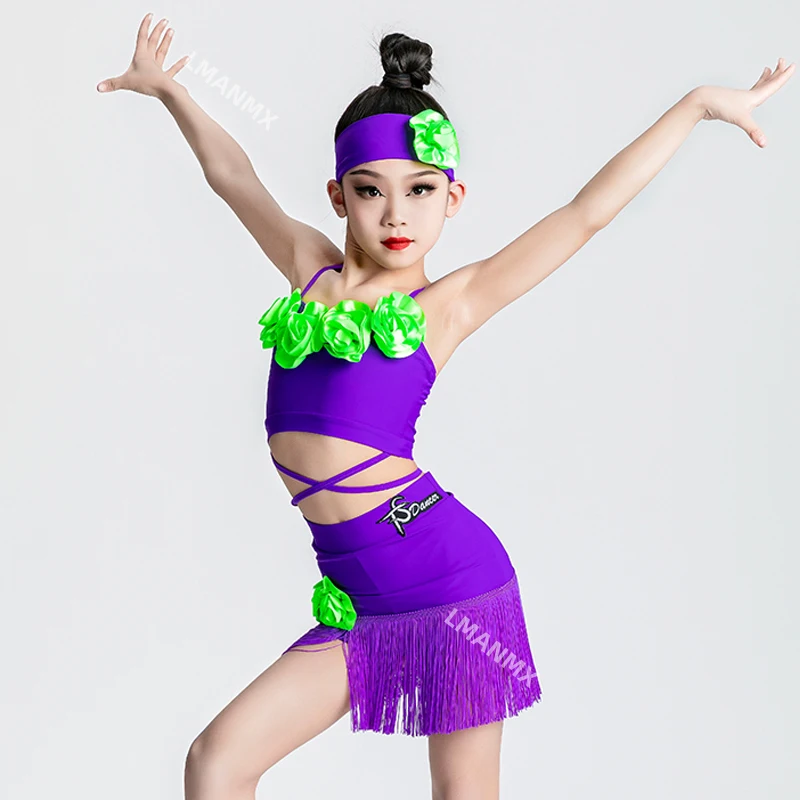 

Fashion Latin Dance Clothes Purple Latin Dance Top Tassels Skirts Girls Latin Dance Performance Costume Practice Wear