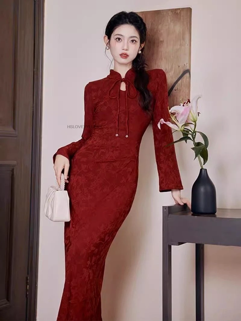 

Retro New Chinese Style Burgundy Cheongsam Autumn Winter Lace Red Qipao Elegant And Slim National Wind Wedding Party Dress