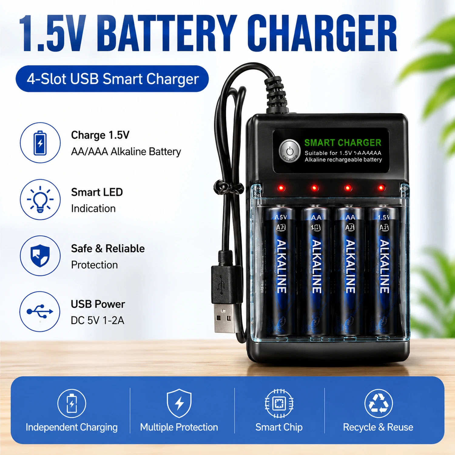 Smart Battery Charger for AA AAA 1.5V Rechargeable Alkaline Batteries, Independent Safe Charging, 4-Slot, USB-A Cable