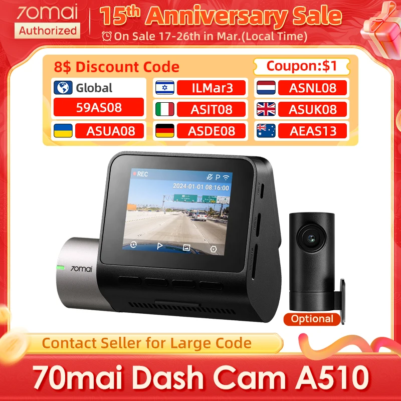 70mai Dash Cam A510 2024 New Global 140FOV 1944P HDR ADAS GPS Car Camera 70mai A510 DVR Support Rear Cam 24H Parking Monitor