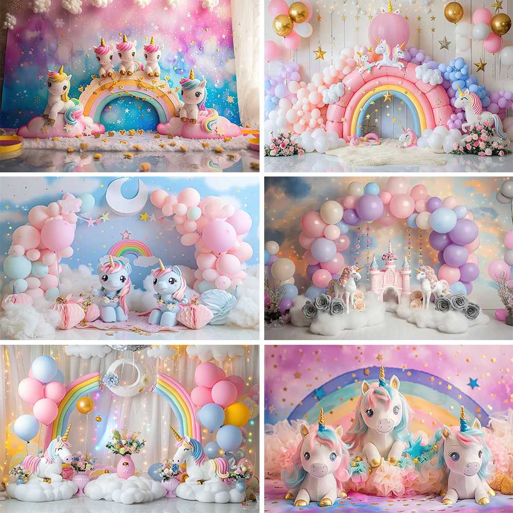 

Bonvvie Unicorn Birthday Party Backdrop Girl Cake Smash Photography Colorful Rainbow Princess Background Balloon Photo Studio