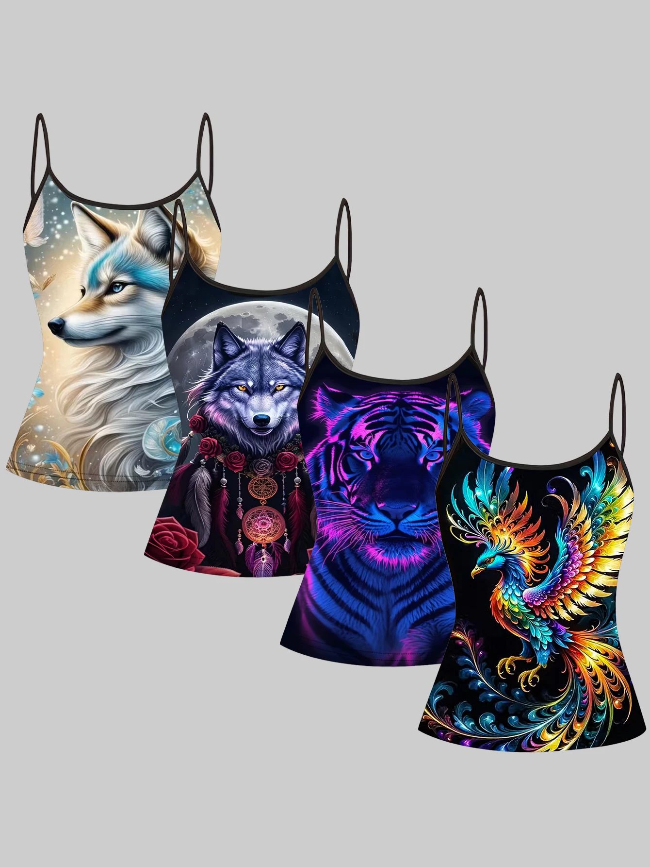 Women's 4-Piece Set of Printed Camisoles with Dreamy White Moonlight Wolf, Neon Purple Tiger, and Phoenix Patterns, Slim-Fit, Flattering, Suitable for Outerwear or as a Base Layer, Sleeveless Tops